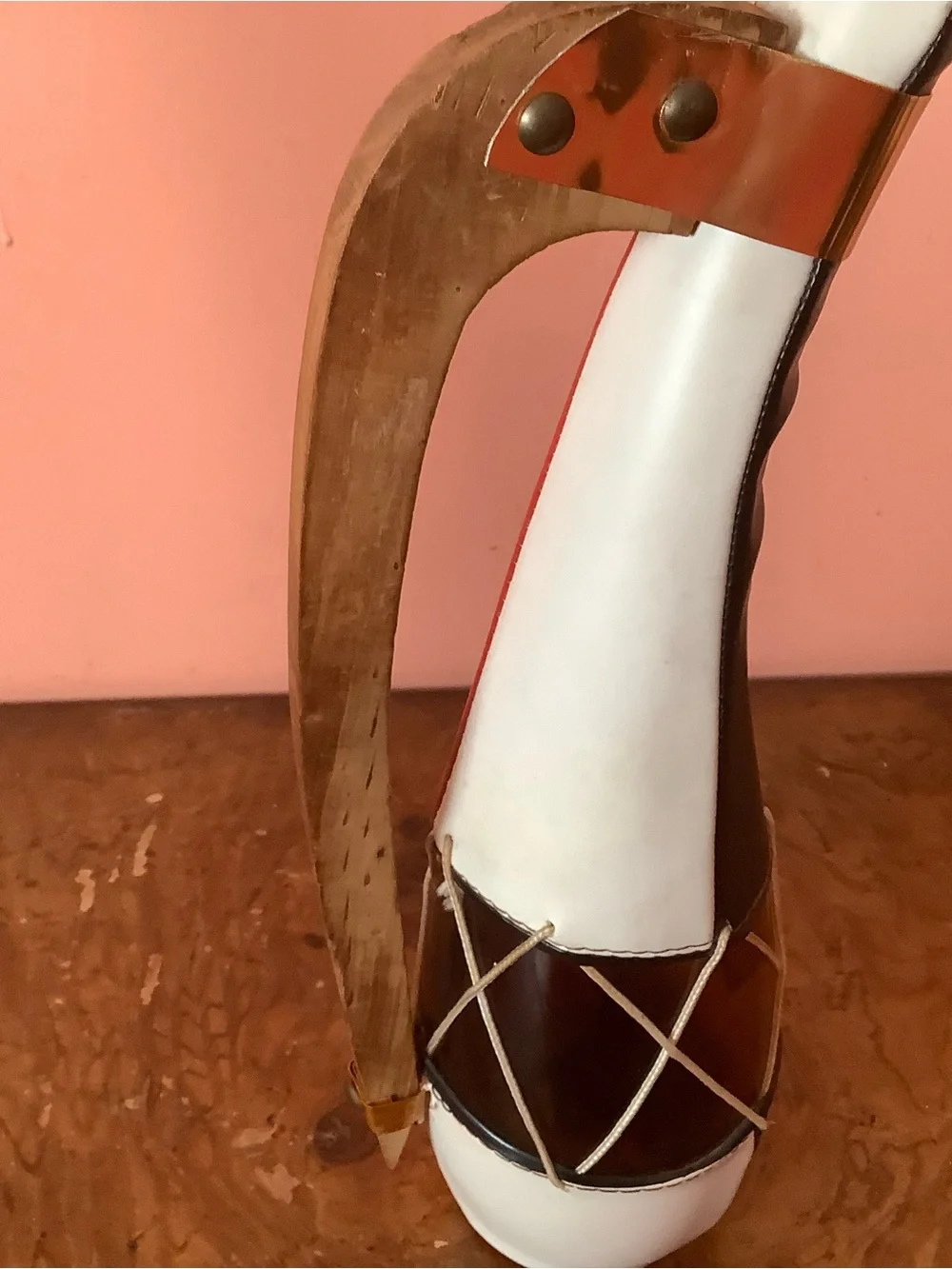 Red Black Leather-Wrapped Glass Decanter, Bull Head Stopper & Wood Handle 18”